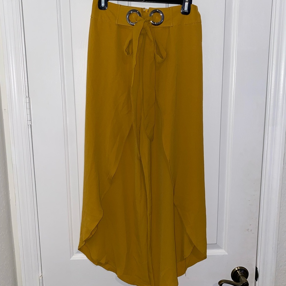 Yellow split thigh pants with belt detailing